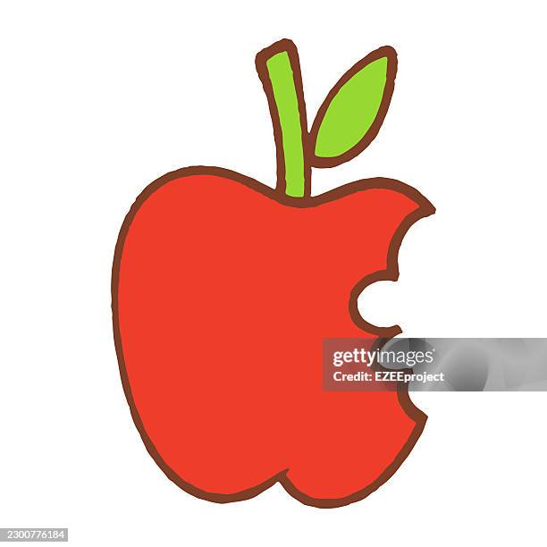 hand drawn bitten apple doodle illustration. cartoon apple with green leaf and bite mark clip art. fresh red apple fruit healthy food icon - core icon stock illustrations