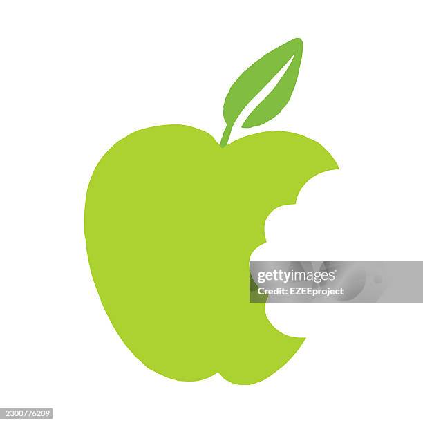 hand drawn bitten apple doodle illustration. cartoon apple with green leaf and bite mark clip art. fresh red apple fruit healthy food icon - bite mark stock illustrations