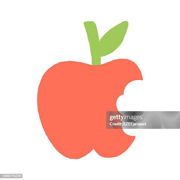 hand drawn bitten apple doodle illustration. cartoon apple with green leaf and bite mark clip art. fresh red apple fruit healthy food icon - core icon stock illustrations