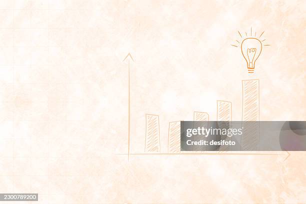 glowing lighted cute light bulb and increasing rising bar graph chart cartoon doodle drawing on old faded beige vector background with subtle checked notebook page design with copy space for innovation ideas discovery intelligence business data backdrops - cute brain vector stock illustrations