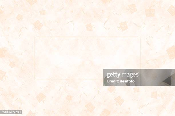 light brown beige color gradient smudged framed cute cartoon christmas vector backgrounds wrapping paper with semi seamless(grunge not seamless) pattern of elements like candy cane, gift boxes, swirls dots confetti border and copy space in centre, - confetti border stock illustrations