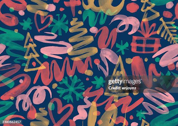 seamless colorful christmas painted doodles background wallpaper pattern - paint squiggle stock illustrations