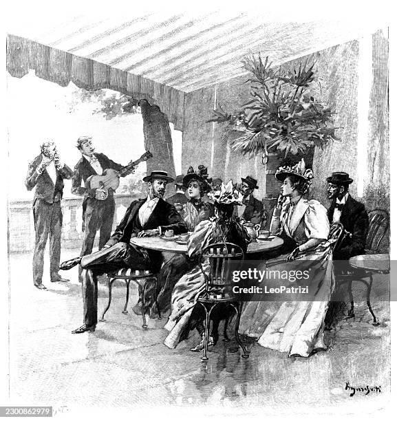 elegant group socializing on a covered terrace with live music - young group dining stock illustrations
