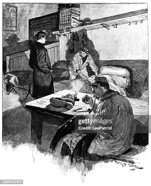 three men in military uniforms in an indoor setting - bootcamp stock illustrations