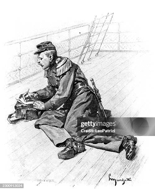 soldier kneeling to write on a ship's deck - soldier kneeling stock illustrations