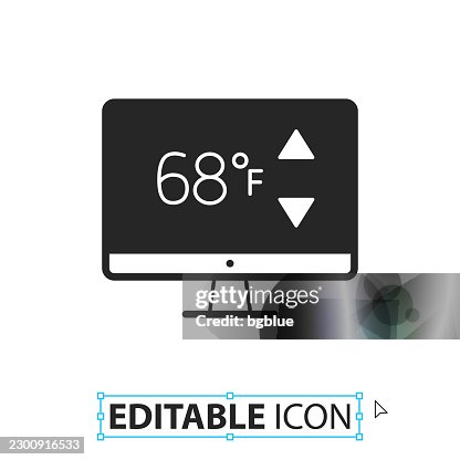 Desktop computer with heating control - Editable icon on white background Desktop computer with heating control - Editable icon on white background