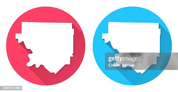 izard county, arkansas map. round icon with long shadow on red or blue background - melbourne stock illustrations