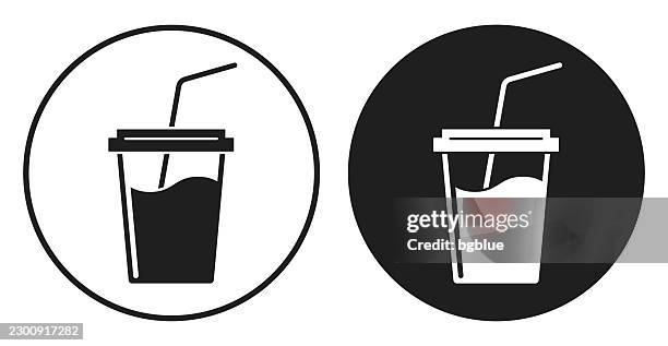 cup with straw. round icon - black and white circle button - white plastic straw stock illustrations