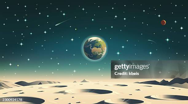 retro earth seen from moon surface- vector background - mars exploration stock illustrations