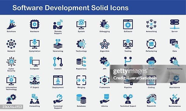software development solid icons – coding, debugging, software testing, api, version control, deployment, programming tools and application development vector icon set - devops tools stock illustrations