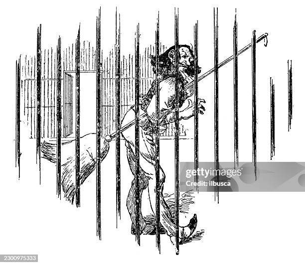 prisoner with broom in prison cell - zoo cage stock illustrations