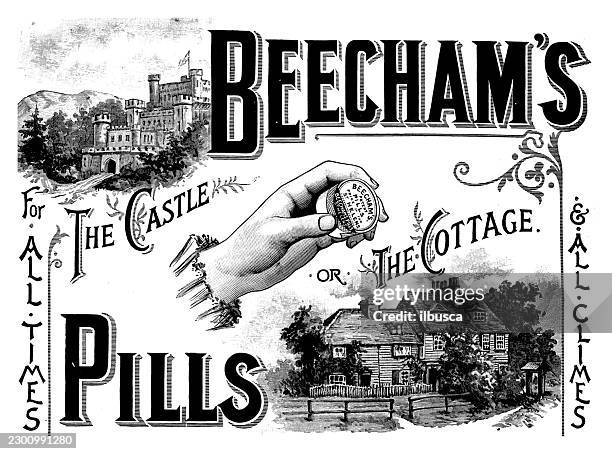 beecham's pills advertisement - holding pill bottle stock illustrations