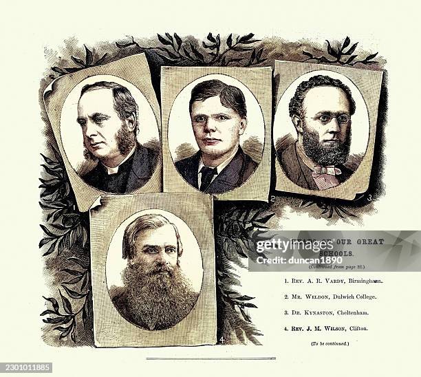 history, education, british public school headmasters, birmingham, bulwich college, cheltenham, clifton, vintage illustration, 19th century 1880s - principal stock illustrations