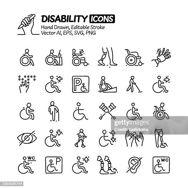 disability hand drawn doodle line icon set. editable stroke vector icons. - hearing problem stock illustrations