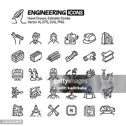 Engineering Hand Drawn Doodle Line Icon Set. Editable Stroke Vector Icons. Engineering Hand Drawn Doodle Line Icon Set. Editable Stroke Vector Icons.