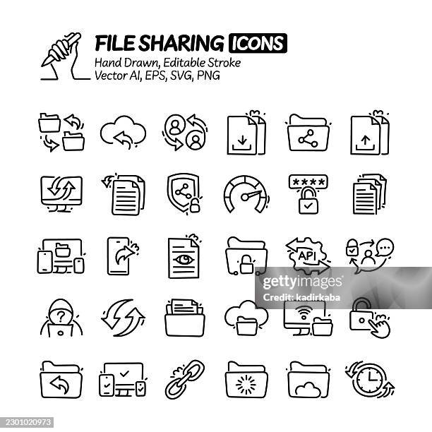 file sharing hand drawn doodle line icon set. editable stroke vector icons. - file share stock illustrations