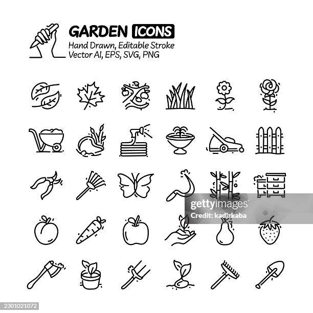 garden hand drawn doodle line icon set. editable stroke vector icons. - backyard stock illustrations