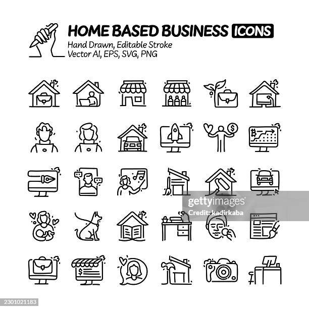 home based business hand drawn doodle line icon set. editable stroke vector icons. - shop owner laptop stock illustrations