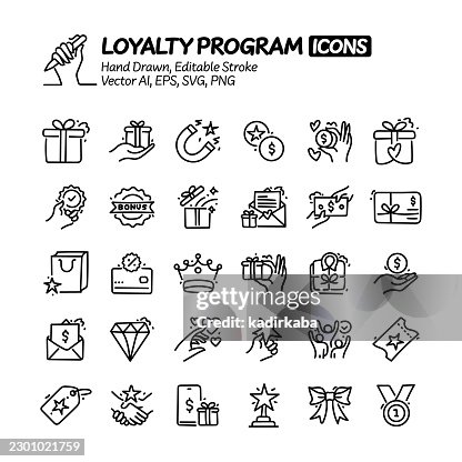 Loyalty Program Hand Drawn Doodle Line Icon Set. Editable Stroke Vector Icons. Loyalty Program Hand Drawn Doodle Line Icon Set. Editable Stroke Vector Icons.
