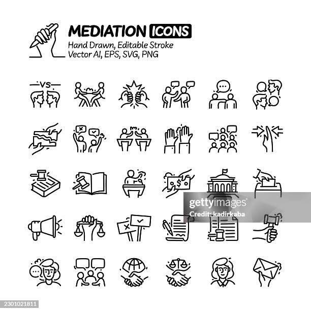 mediation hand drawn doodle line icon set. editable stroke vector icons. - arbitration law stock illustrations
