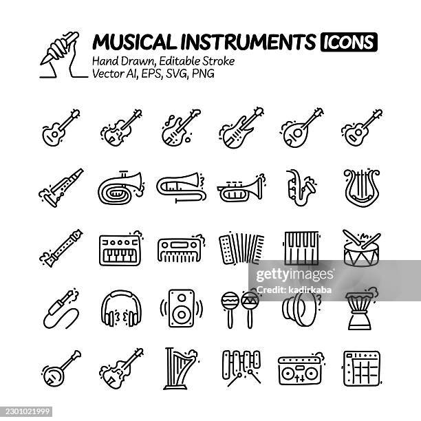musical instruments hand drawn doodle line icon set. editable stroke vector icons. - cello stock illustrations