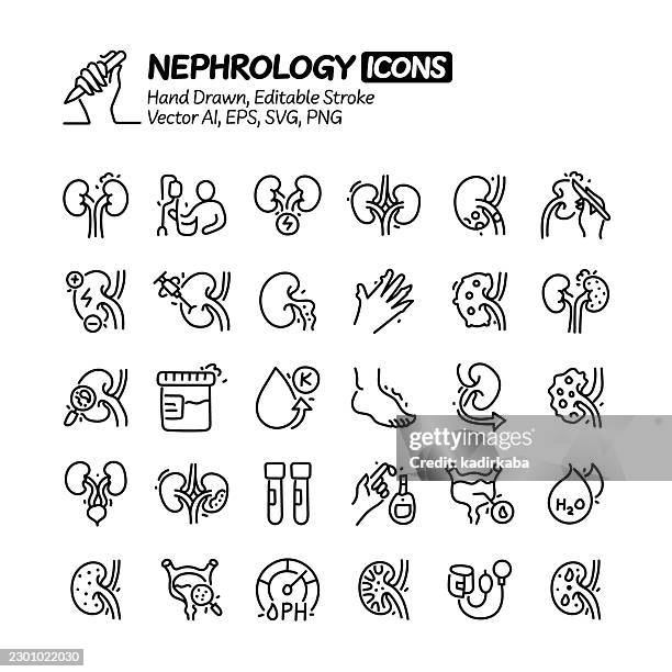nephrology hand drawn doodle line icon set. editable stroke vector icons. - dialysis stock illustrations