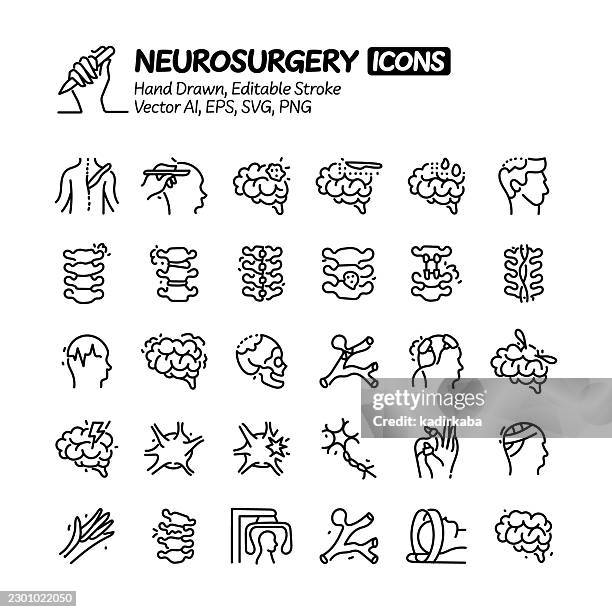 neurosurgery hand drawn doodle line icon set. editable stroke vector icons. - ct scan stock illustrations