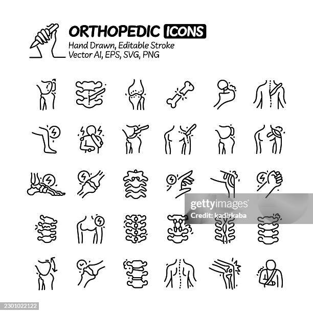 orthopedic hand drawn doodle line icon set. editable stroke vector icons. - leg cast stock illustrations