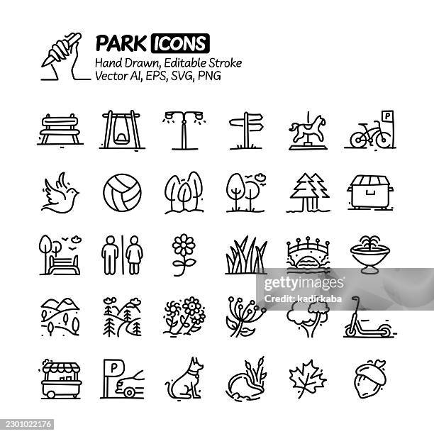 public park hand drawn doodle line icon set. editable stroke vector icons. - running outside spring stock illustrations