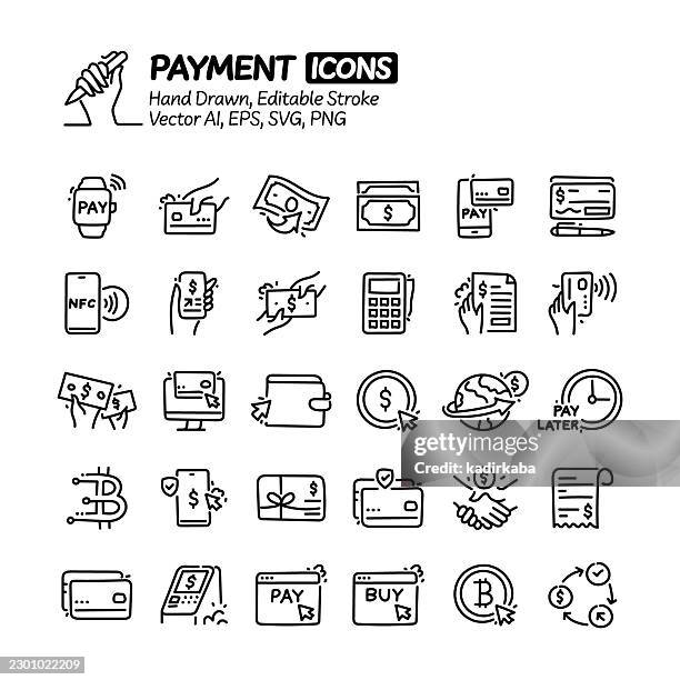 payment hand drawn doodle line icon set. editable stroke vector icons. - mobile payment cafe stock illustrations