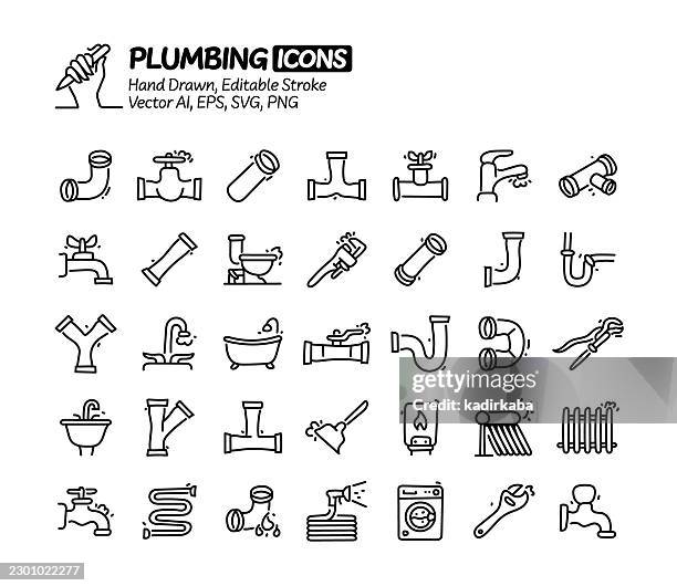 plumbing hand drawn doodle line icon set. editable stroke vector icons. - drain cleaning stock illustrations