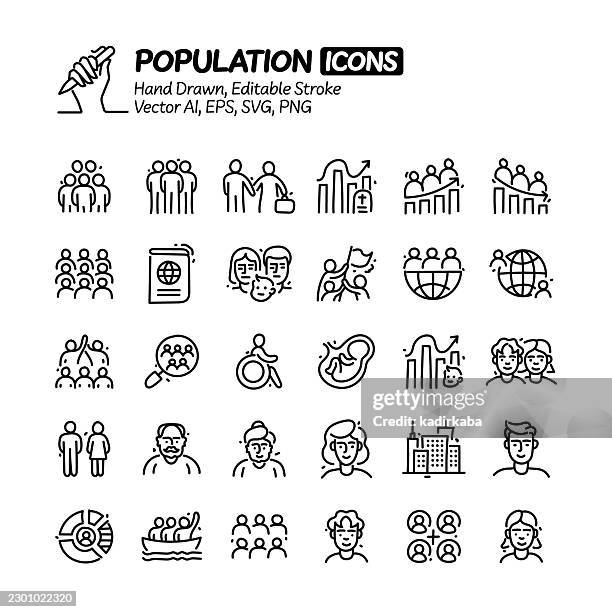 population hand drawn doodle line icon set. editable stroke vector icons. - census stock illustrations