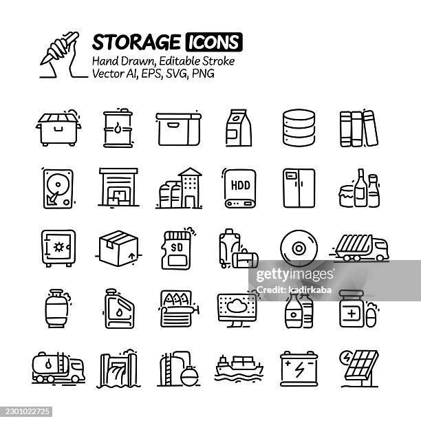 storage hand drawn doodle line icon set. editable stroke vector icons. - battery pack stock illustrations