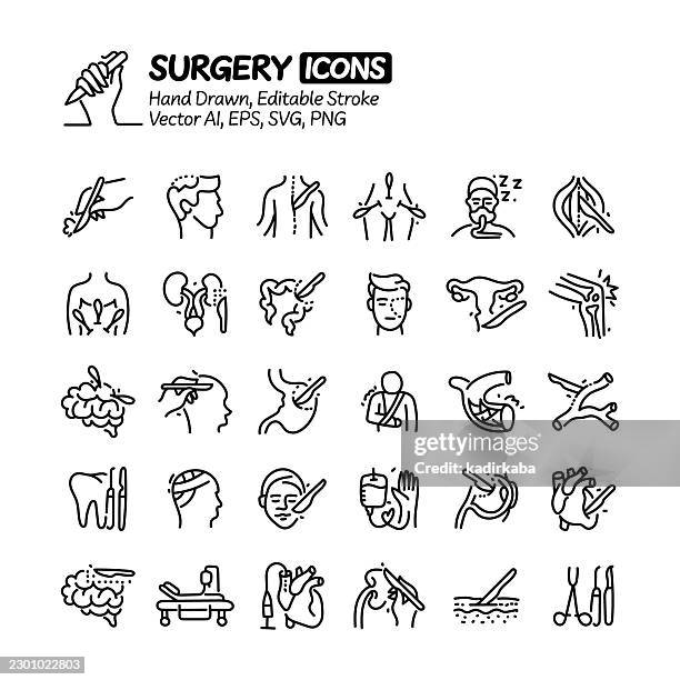 surgery hand drawn doodle line icon set. editable stroke vector icons. - operating table stock illustrations