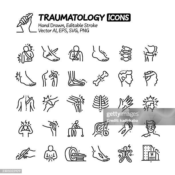 traumatology hand drawn doodle line icon set. editable stroke vector icons. - knee surgery stock illustrations