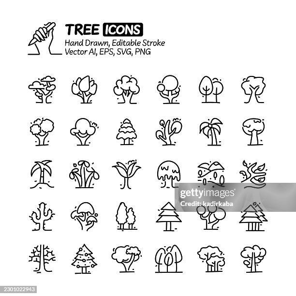 tree hand drawn doodle line icon set. editable stroke vector icons. - apple tree garden stock illustrations
