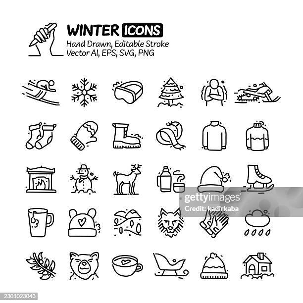 winter hand drawn doodle line icon set. editable stroke vector icons. - thin ice stock illustrations