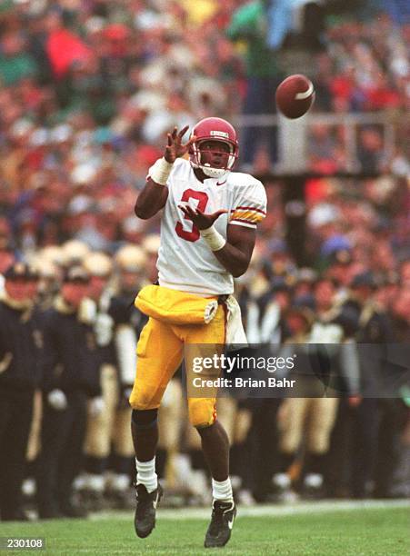 Wide Receiver Keyshawn Johnson of the USC Trojans makes a catch during the Trojans 38-10 loss to Notre Dame at Notre Dame stadium in South Bend,...