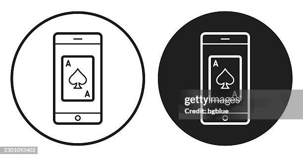 smartphone with playing card. round icon - black and white circle button - ace 2 stock illustrations