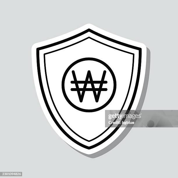 won coin with shield. icon sticker on gray background - consumer protection stock illustrations