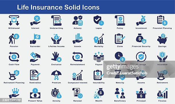 life insurance solid icons – underwriting, mortality risk, policyholder protection, claim processing, term life, whole life coverage and insurance risk assessment vector icon set - beneficiary stock illustrations
