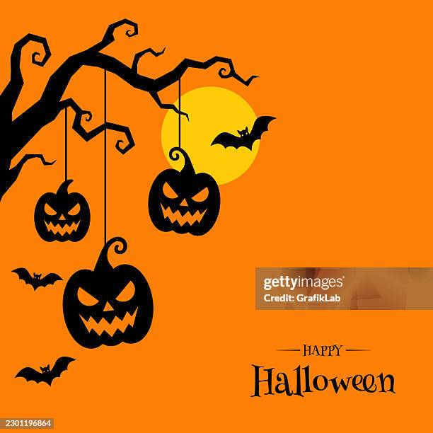 halloween pumpkins hanging from a spooky tree with flying bats - flying lanterns stock illustrations