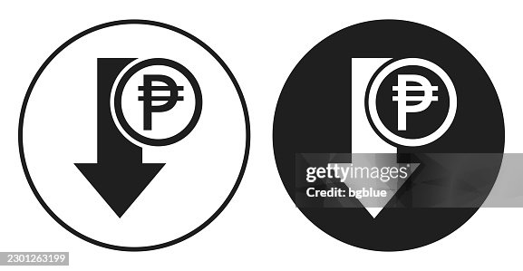Peso value decrease. Round icon - Black and white circle button Peso value decrease. Round icon - Black and white circle button