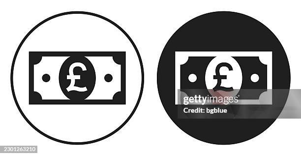 pound banknote. round icon - black and white circle button - pound note stock illustrations