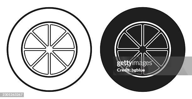 lemon slice. round icon - black and white circle button - orange slice stock illustrations