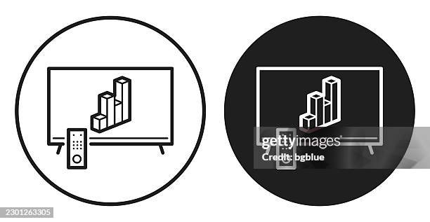 tv with 3d chart. round icon - black and white circle button - two circles chart stock illustrations