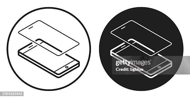 glass screen protector. round icon - black and white circle button - wired glass stock illustrations