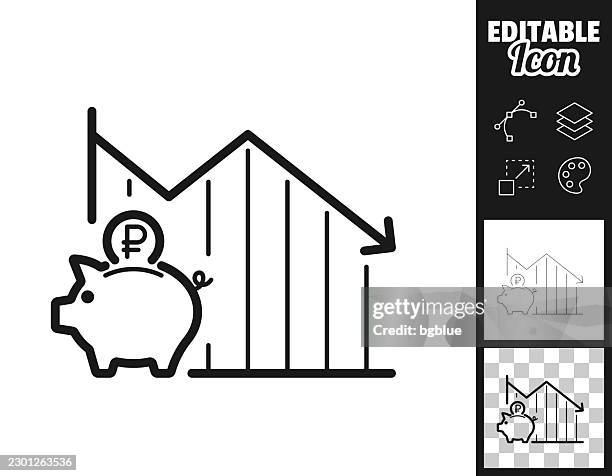 russian ruble savings decline chart. icon for design. easily editable - saving up for a rainy day stock illustrations
