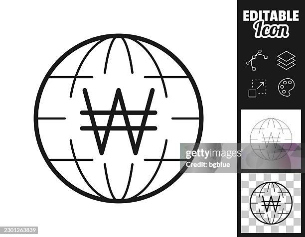 south korean won symbol on globe. icon for design. easily editable - treasury stock illustrations