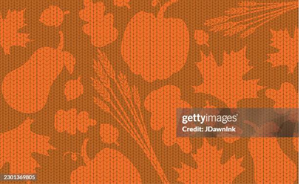 happy thanksgiving cozy fall knitted sweater abstract background design with knitted texture fall leaves, pumpkins, squash, wheat, acorns - sweater texture stock illustrations